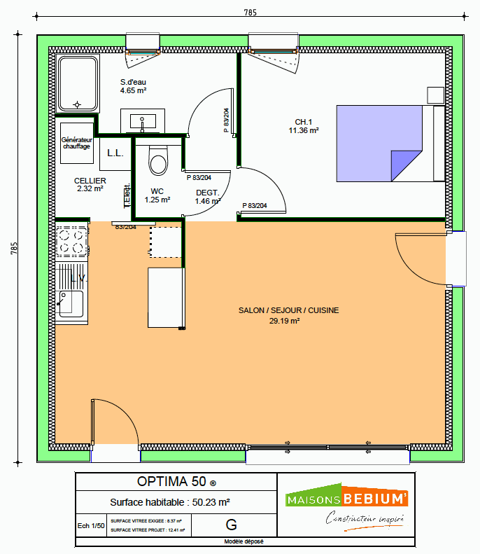 Plan maison PMR 50 m2-plain-pied-OPTIMA 50-Bioclimatique-MAISONS BEBIUM
