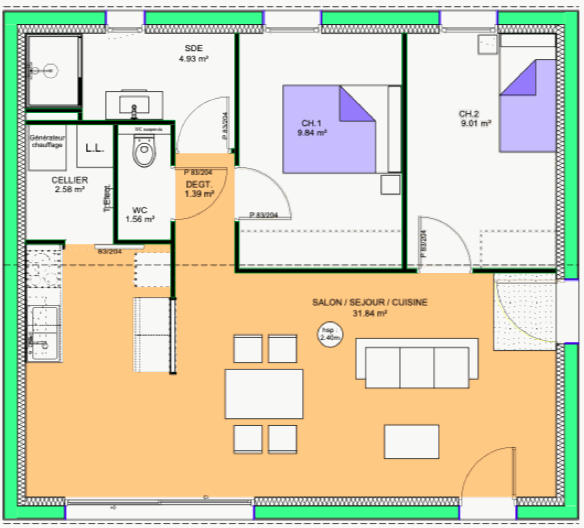Plan Maison bioclimatique de plain-pied 60 m² - 2 chambres - Optima 60 - Maisons BEBIUM