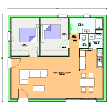 Plan Maison bioclimatique de plain-pied 70 m² - 2 chambres - Optima 70 - Maisons BEBIUM